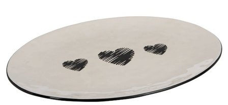 Serveerschaal Hartjes wit zwart   Mooie grote serveerschaal met lieve hartjes. Afmeting: 40 X 29&nbsp;CM.