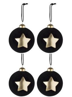 Kerstballen Fluweel Ster Glas Zwart/Goud &quot;Twenties&quot; J-Line