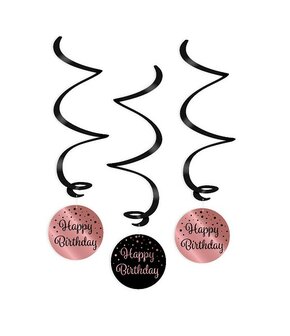 Slinger Swirl decorations roze/zwart - Happy birthday
