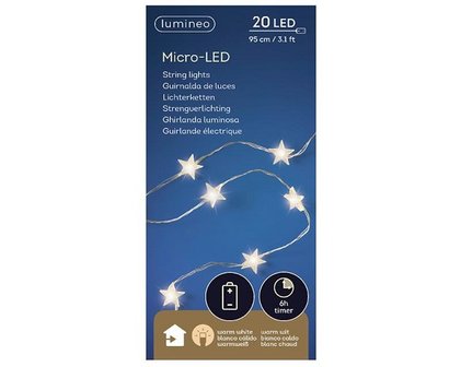 LED verlichting micro ster zilver/warm wit 95cm-20L op batterij