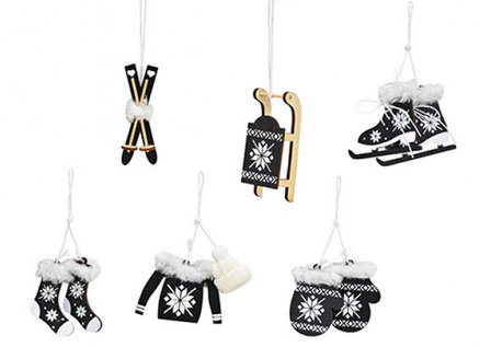 zwart wit Kersthanger set, slee, schaatsen, ski&#039;s en kleding voor kerstboom