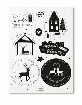 Kerststickers in verschillende vormen met prints en teksten