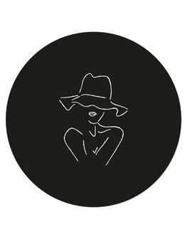 Muurcirkel zwart met lijntekening vrouw met hoed
