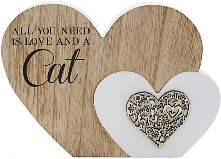 &quot;All you need is love and a cat &quot;   decoratie met hart  Materiaal: Hout