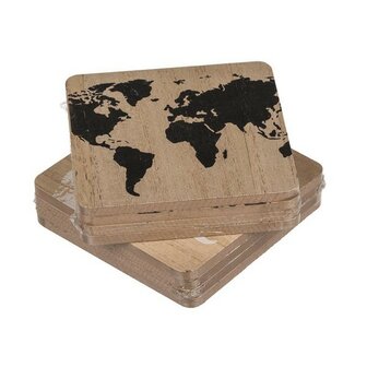 Onderzetters wereldkaart hout set a 4 stuks 9,5x9,5cm