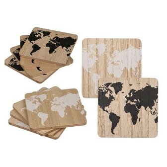 Onderzetters wereldkaart hout set a 4 stuks 9,5x9,5cm
