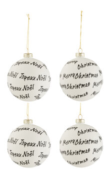 4 Kerstballen Merry Xmas / Noel Glas Wit/Zwart J-Line