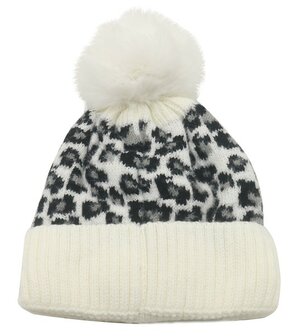 Beanie muts Leopard with Pompon White