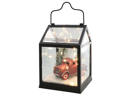 Lantaarn glas LED gevuld met kerst deco 20cm timer 2xAA