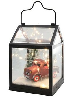 Lantaarn glas LED gevuld met kerst deco 20cm timer 2xAA