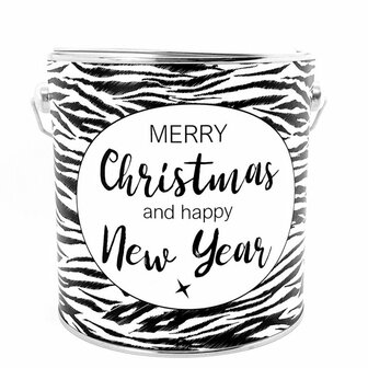 Kado blik - Merry Christmas and happy New Year 2,5 ltr.&nbsp; wit/zwart