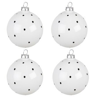 KERSTBALLEN ZWART WIT SET VAN 4 &Oslash; 8 CM WIT ZWART GLAS STIPPEN KERSTDECORATIE KERSTVERSIERING