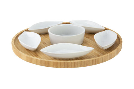 SERVEERPLANK met schaaltjes D26XH3CM ROND BAMBOE+6 KERAMIEKEN BOWLS (11.5X5X25CM)