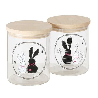 Pasen Voorraadpot paashaasjes glas met Happy Bunny&nbsp;zwart/wit- met houten deksel  750ml - H13cm - Dia11cm