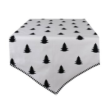 Clayre &amp; Eef Tafelloper Kerst 50x160 cm Wit Zwart Katoen Kerstbomen Tafelkleed