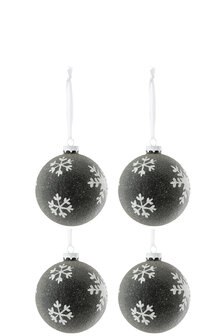 4 x Kerstballen Parels+Sneeuwvlok Glas Grijs&nbsp;donker wit  J-Line