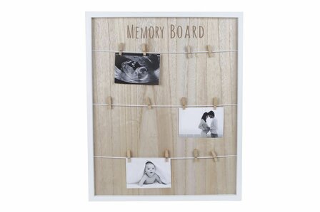 Memobord &quot;Clip&quot; wit/naturel hout 55x45x2cm met koord en knijpers.