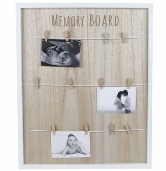 Memobord &quot;Clip&quot; wit/naturel hout 55x45x2cm met koord en knijpers.