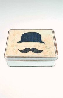 Design blikje met leuke afbeelding van een hoed en een snor. (Moustache)