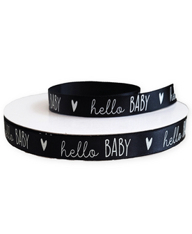 Satijn lint 1,2cm x 100cm - Hello Baby/Zwart-wit