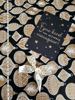 Inpakpapier Kerst, Christmas Ornaments - Zwart/Goud - 30cm x 1 meter