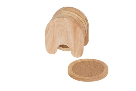 ONDERZETTER SET 5 KURK, HOUT ROND 6.7X9.5XH 10.5CM IN HOUDER