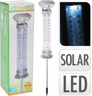 Solarlamp met thermometer op tuinsteker H58 cm.