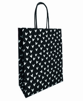 Cadeau tasje met hartjes zwart wit 26 + 12 x 35 cm