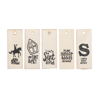 Cadeaukaartjes / Labels Hout Sinterklaas set 5 stuks, verschillende teksten