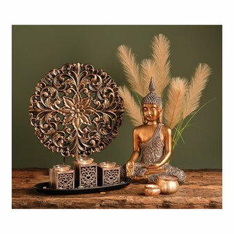 Raamdecoratie Ornament Bloem&nbsp;zwart goud H45cm /&nbsp;Paneel rond, op voet, voor vensterbank