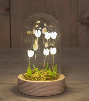 STOLP GLAS MET TULPEN 6 LED OP BATTERIJ 8.5X14CM WIT