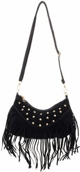 Tas met franjes en studs 28x19cm zwart