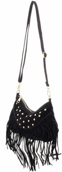 Tas met franjes en studs 28x19cm zwart