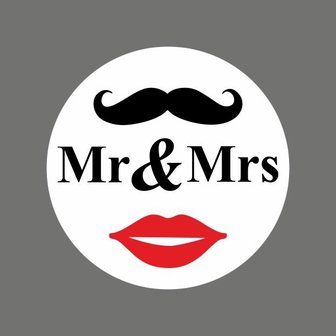 mr &amp; mrs, snor en lippen / set van 2 stickers,  &Oslash; 4 cm.