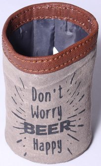 Bierblik houder van Canvas/Leder met tekst Beer Happy