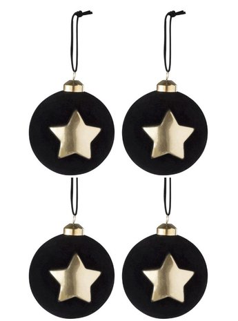 Kerstballen Fluweel Ster Glas Zwart/Goud "Twenties" J-Line