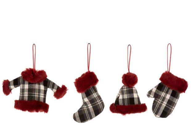 hanger kerstversiering Kerstkleding voor in de boom Textiel Zwart/Wit/Rood hangers 4 ass.