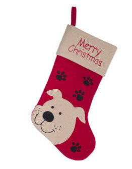 HOND KERSTSOKKEN ROOD WIT TEXTIEL L19 WITH DOG AND MERRY XMAS