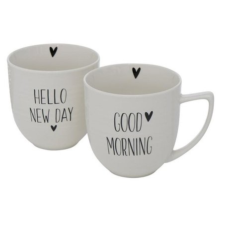 Mok/Beker Morning/Hello new day 330ml zwart-wit set van 2 stuks  U ontvangt 2 mokken zoals afgebeeld. Leuk cadeau voor verjaard