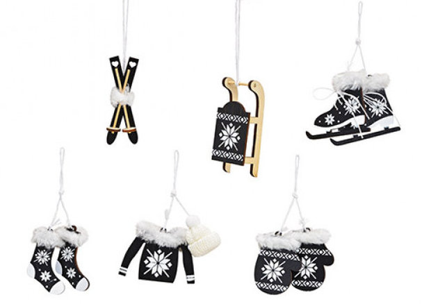 zwart wit Kersthanger set, slee, schaatsen, ski's en kleding voor kerstboom