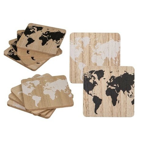 Onderzetters wereldkaart hout set a 4 stuks 9,5x9,5cm