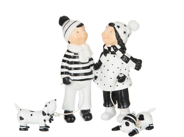 Kinderen Met Hond Poly Kerstbeeldje Zwart/Wit 