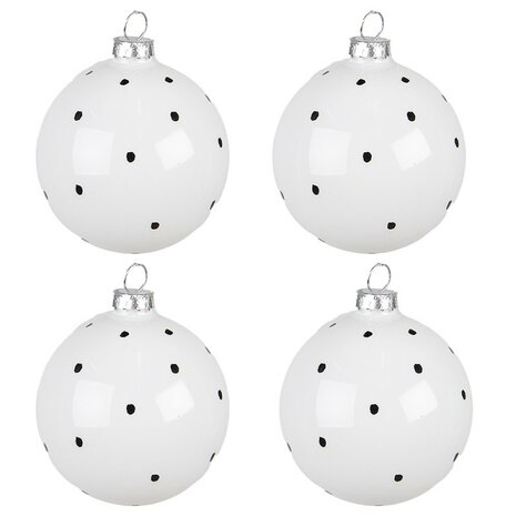 KERSTBALLEN ZWART WIT SET VAN 4 Ø 8 CM WIT ZWART GLAS STIPPEN KERSTDECORATIE KERSTVERSIERING