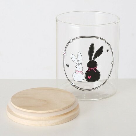 Voorraadpot glas met Happy Bunny zwart/wit- met houten deksel  750ml - H13cm - Dia11cm