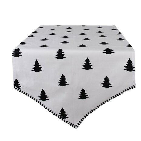 Clayre & Eef Tafelloper Kerst 50x160 cm Wit Zwart Katoen Kerstbomen Tafelkleed