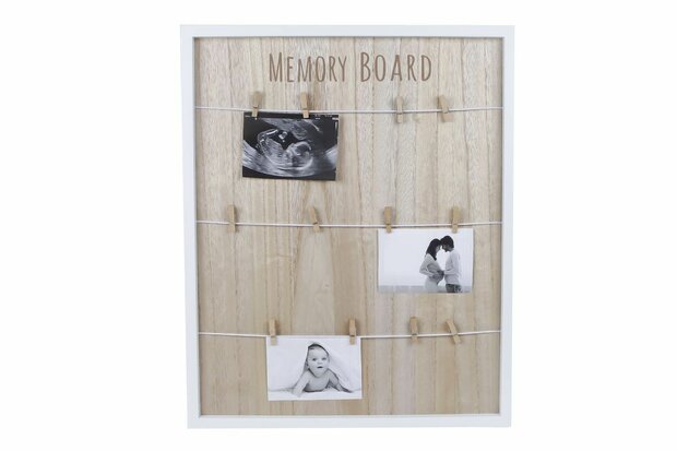 Memobord "Clip" wit/naturel hout 55x45x2cm met koord en knijpers.