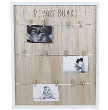 Memobord "Clip" wit/naturel hout 55x45x2cm met koord en knijpers.