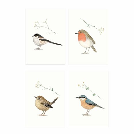 Mini kaartjes Birds with flower  (set 8)