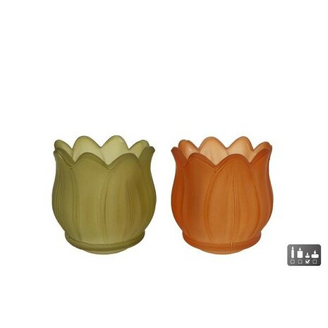 Theelichthouder Tulp glas 7x7x7cm groen/terra