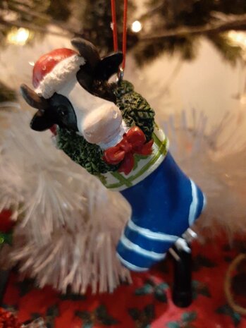 Kerstbal Koe, Schaap, Hond, Kip in laars 9,5cm.